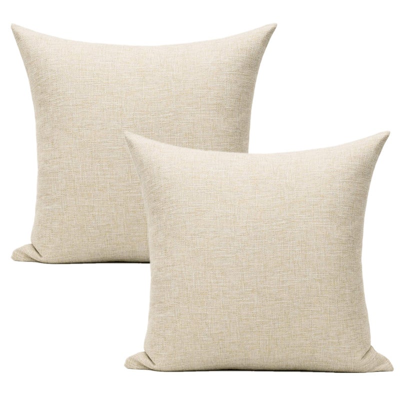 All Smiles Beige Linen Throw Pillow Covers 20x20 Set of 2 Neutral Khaki Decorative Farmhouse DÃ©cor Burlap Cushion Cases Home Natural Decorations Indoor Outdoor for Bed Sofa Couch Patio - Image 2
